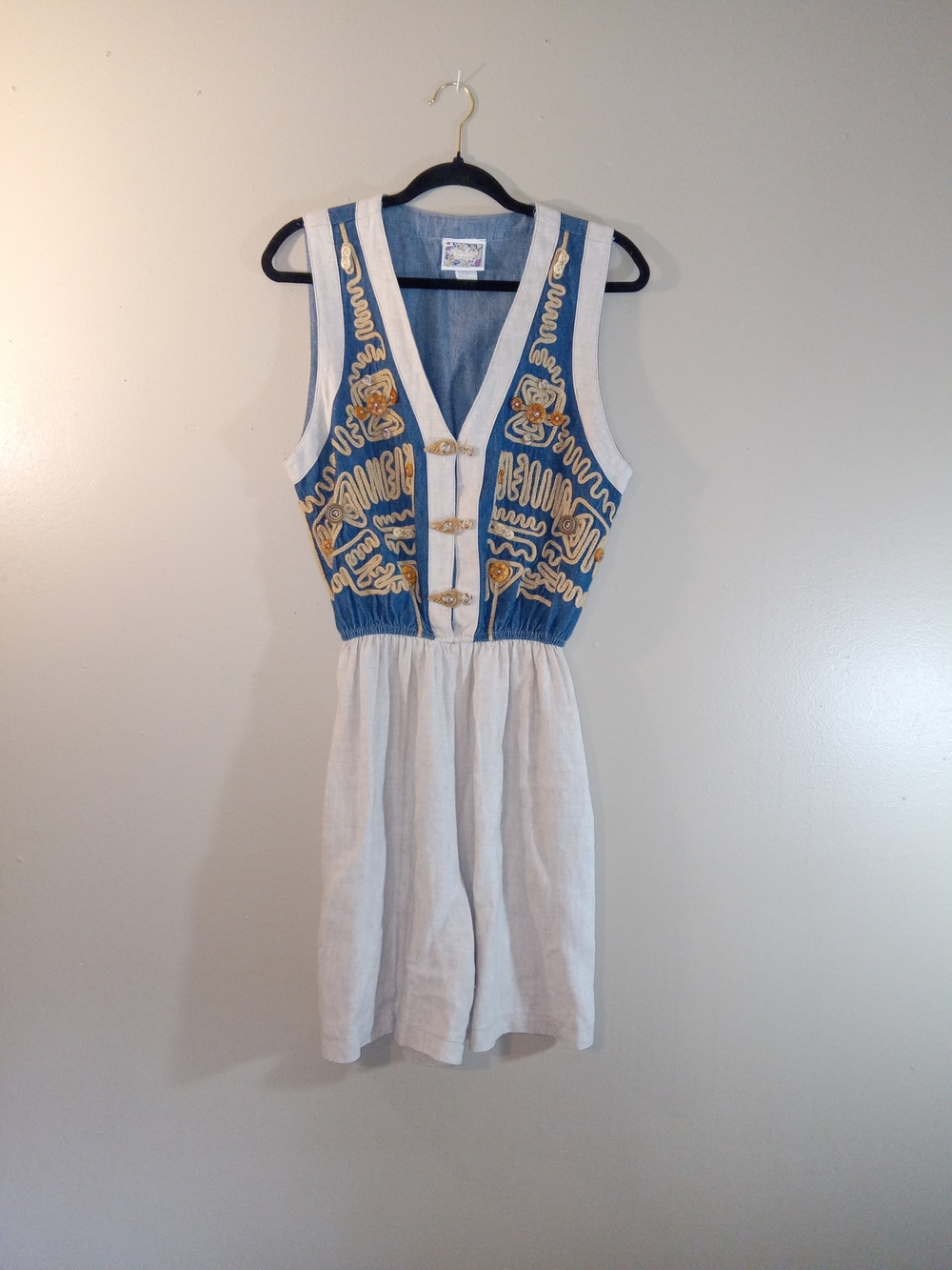 Vintage Sleeveless Blue & Cream Embroidered Denim And Linen Romper